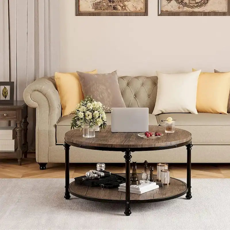 Round Coffee Table for Living Room Rustic Center Table with Storage Shelf-14
