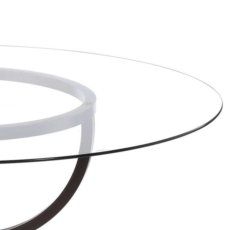 48 Inch Round Dining Table, Clear Glass Top, Interlocked Ring Motif Legs