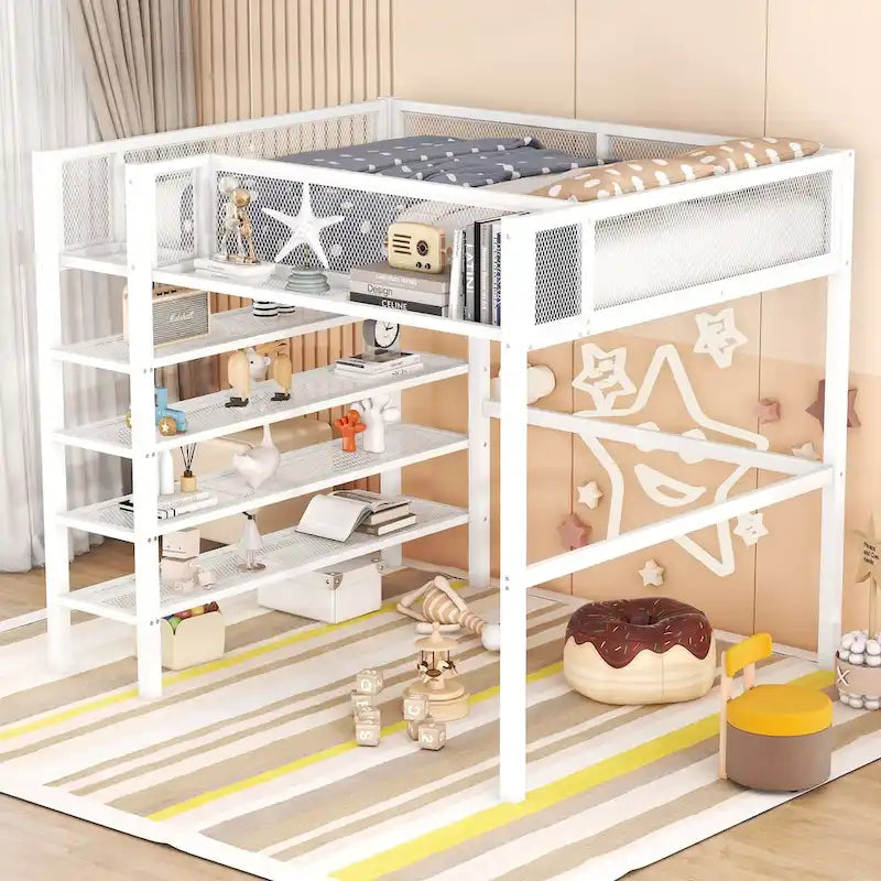 Full Size Metal Loft Bed with 4-Tier Shelves and Storage-4
