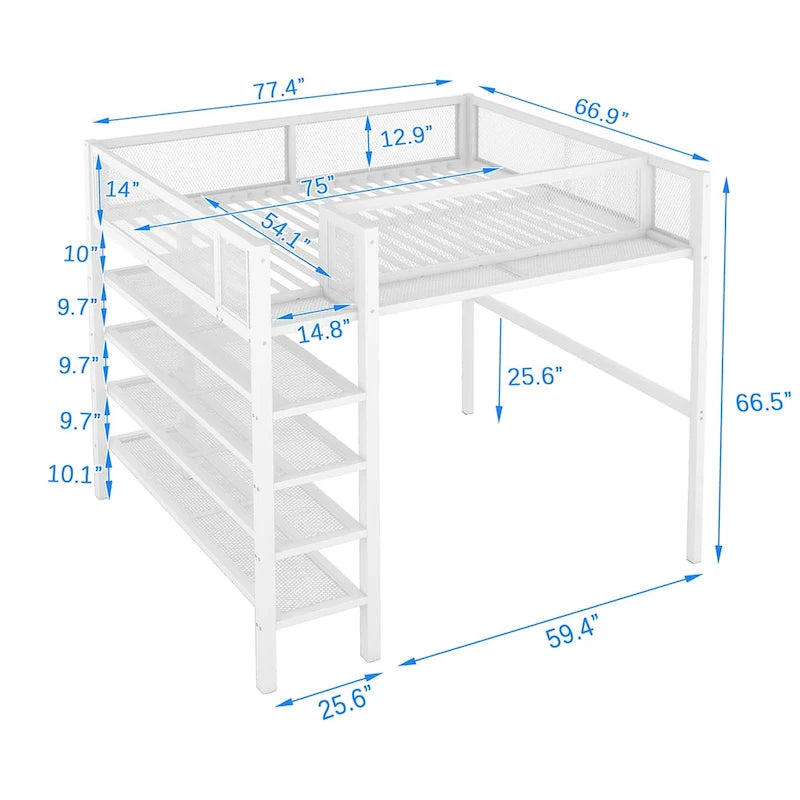 Full Size Metal Loft Bed with 4-Tier Shelves and Storage-5