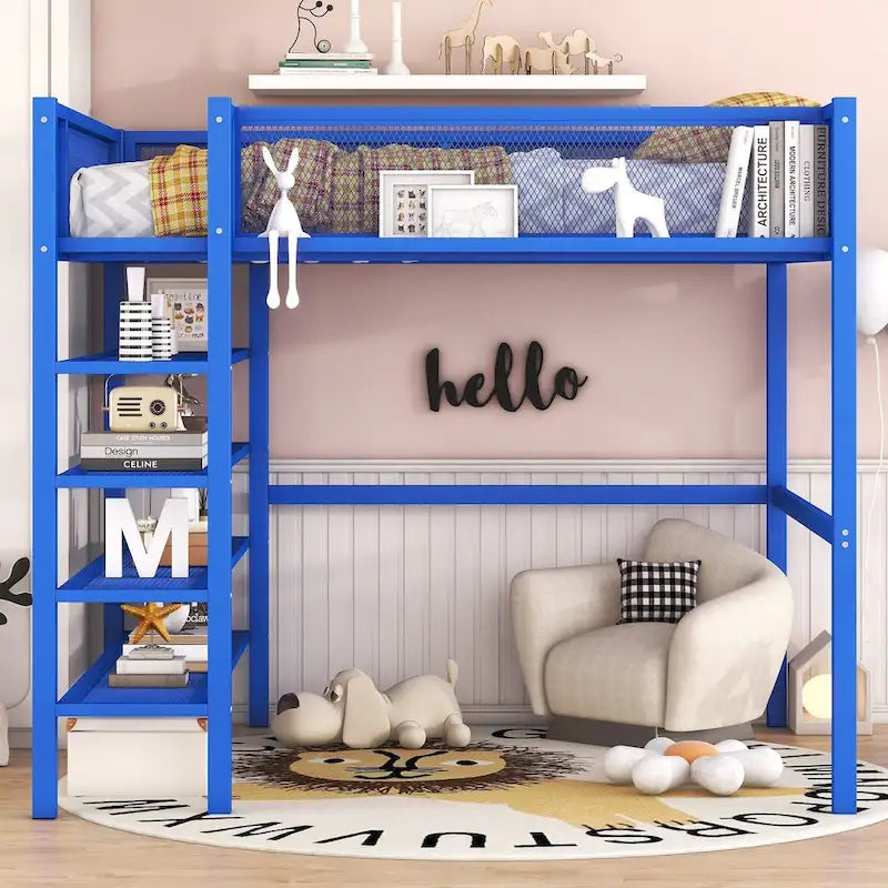 Full Size Metal Loft Bed with 4-Tier Shelves and Storage-6