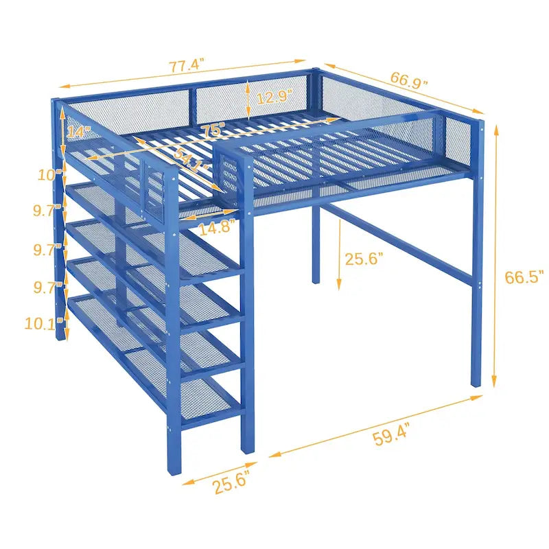 Full Size Metal Loft Bed with 4-Tier Shelves and Storage-8