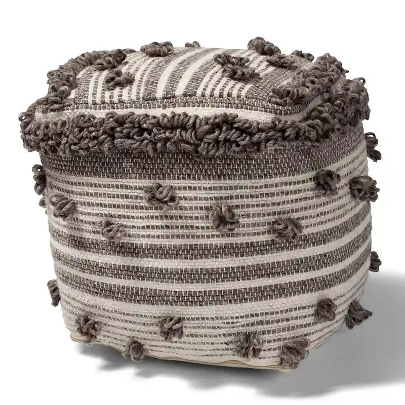 The Curated Nomad Koroh Moroccan Ivory and Brown Handwoven Wool Pouf Ottoman-2