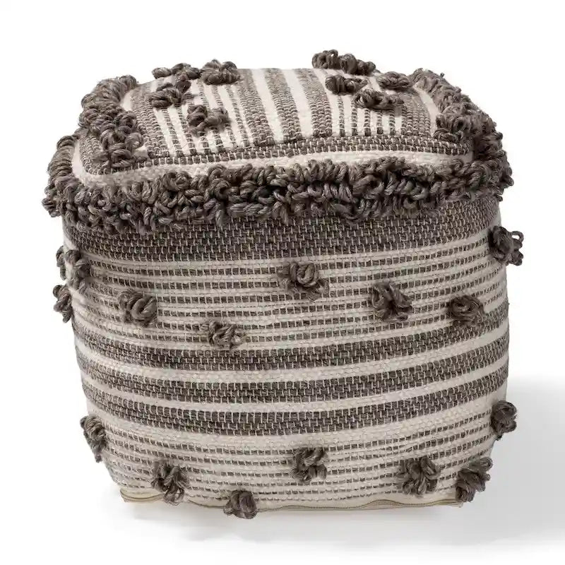 The Curated Nomad Koroh Moroccan Ivory and Brown Handwoven Wool Pouf Ottoman-3