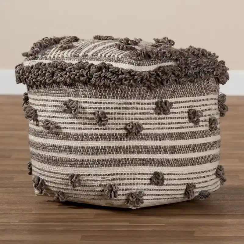 The Curated Nomad Koroh Moroccan Ivory and Brown Handwoven Wool Pouf Ottoman-6