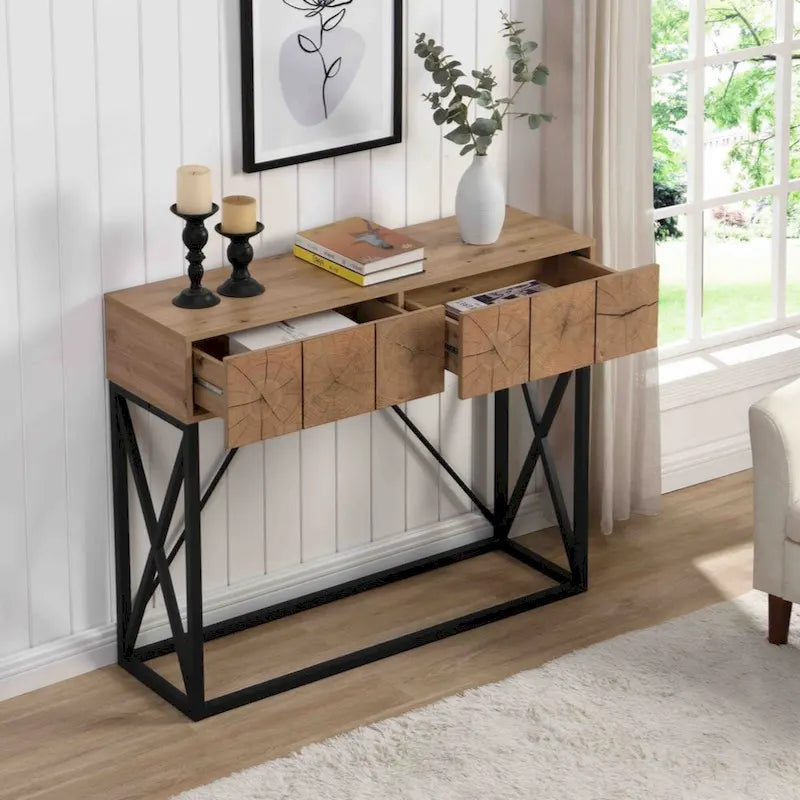 43.31 Luxury Wood Sofa Table, Industrial Console Table for Entryway, Hallway Tables with Two Drawers for Living Room-2