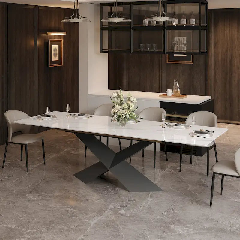 63-95Extendable Modern Dining Table for 4-10, White Glossy Sintered Stone Tabletop, black X-Shaped Steel Legs - 94.5
