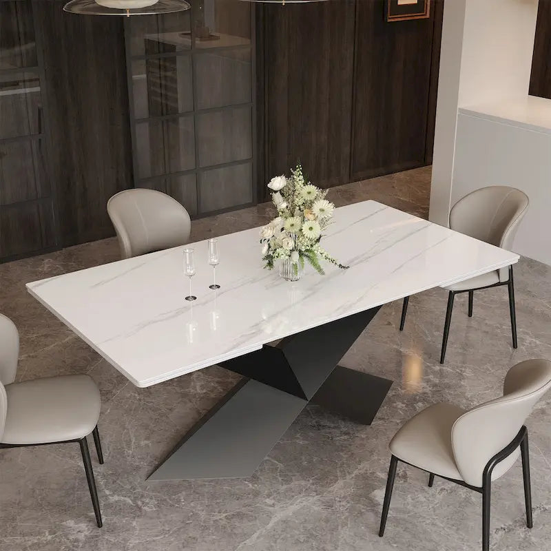 63-95Extendable Modern Dining Table for 4-10, White Glossy Sintered Stone Tabletop, black X-Shaped Steel Legs - 94.5-3