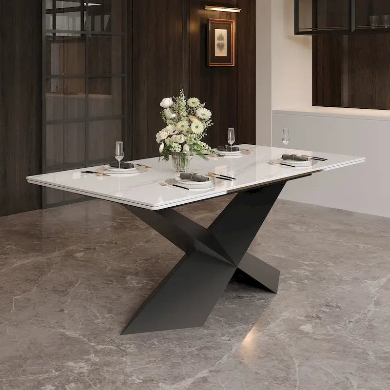 63-95Extendable Modern Dining Table for 4-10, White Glossy Sintered Stone Tabletop, black X-Shaped Steel Legs - 94.5-4