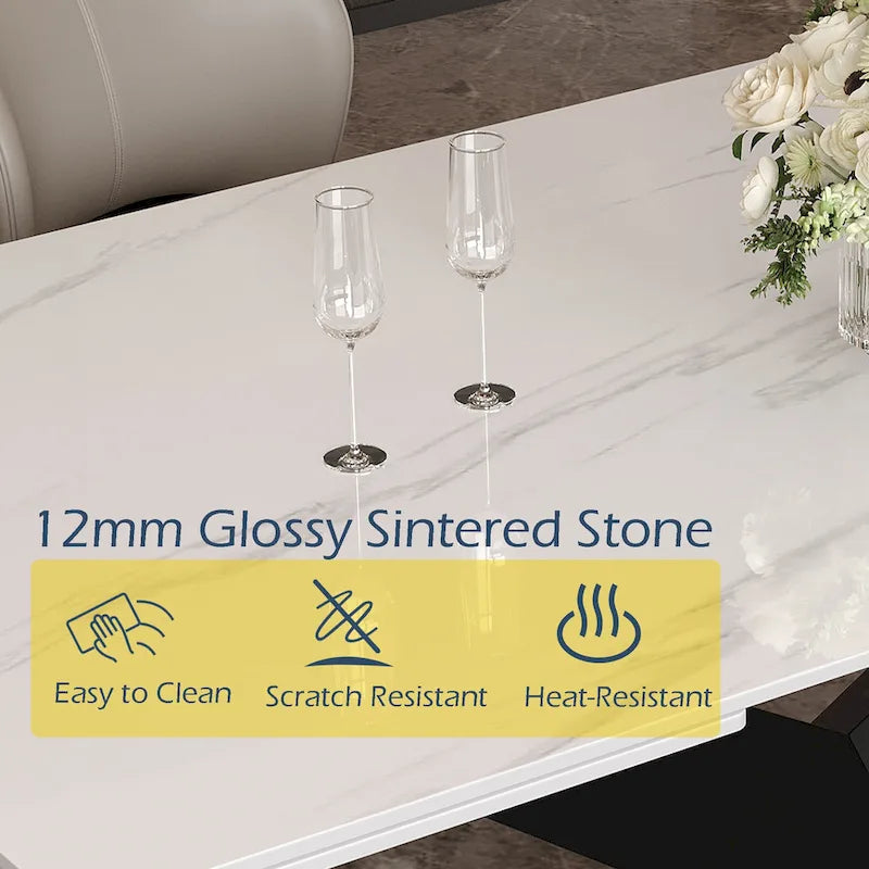 63-95Extendable Modern Dining Table for 4-10, White Glossy Sintered Stone Tabletop, black X-Shaped Steel Legs - 94.5-7