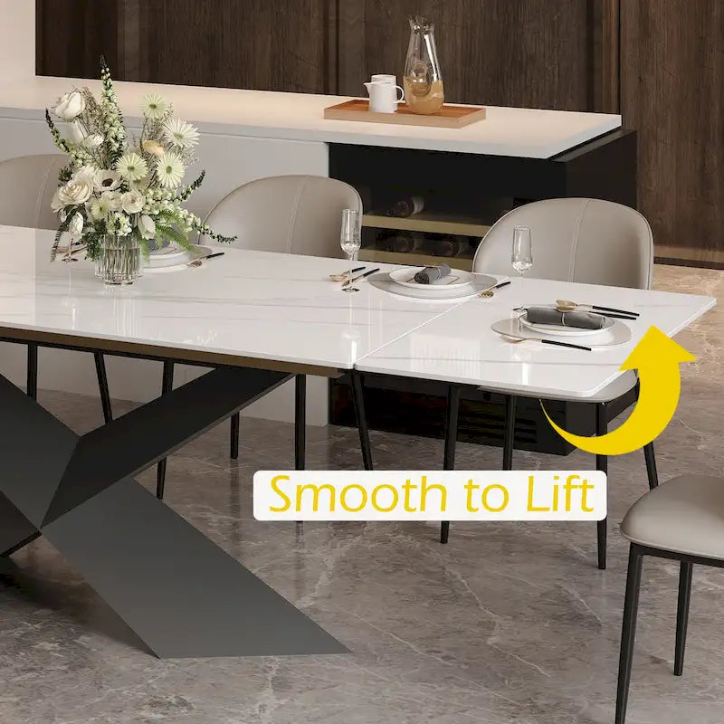 63-95Extendable Modern Dining Table for 4-10, White Glossy Sintered Stone Tabletop, black X-Shaped Steel Legs - 94.5-9