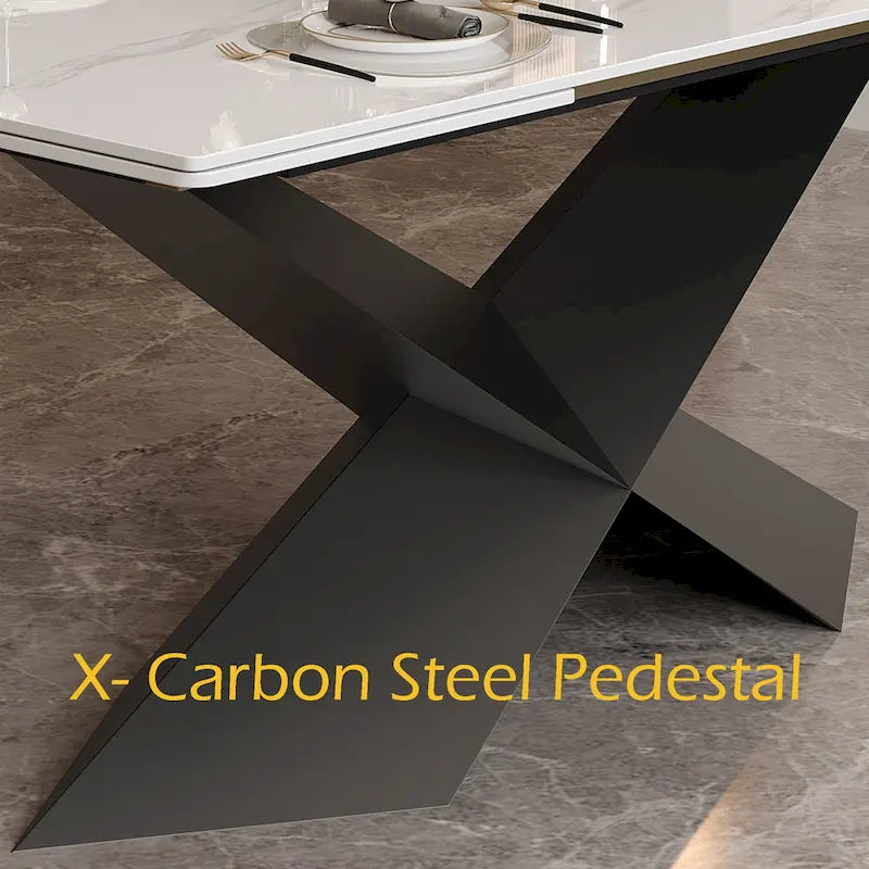 63-95Extendable Modern Dining Table for 4-10, White Glossy Sintered Stone Tabletop, black X-Shaped Steel Legs - 94.5-10