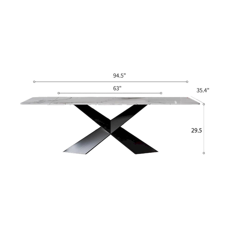 63-95Extendable Modern Dining Table for 4-10, White Glossy Sintered Stone Tabletop, black X-Shaped Steel Legs - 94.5-11