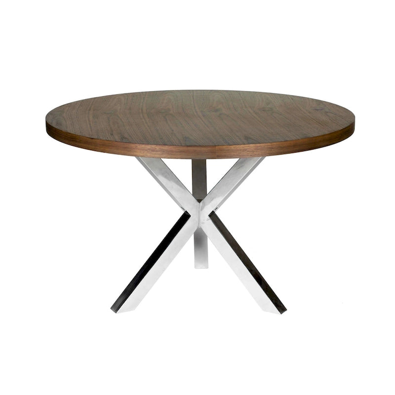 Emi 47 Inch Round Dining Table, X- Cross Brushed Steel, Walnut Brown Wood-2