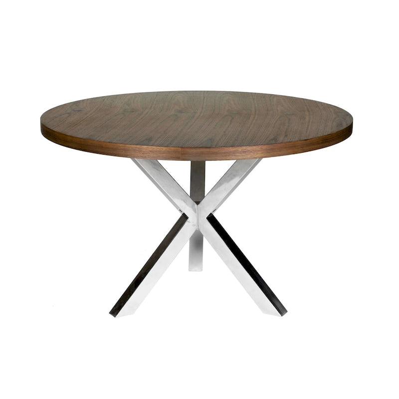 Emi 47 Inch Round Dining Table, X- Cross Brushed Steel, Walnut Brown Wood-3