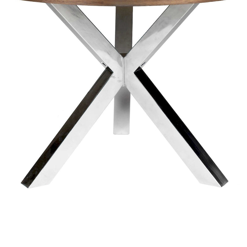 Emi 47 Inch Round Dining Table, X- Cross Brushed Steel, Walnut Brown Wood-4
