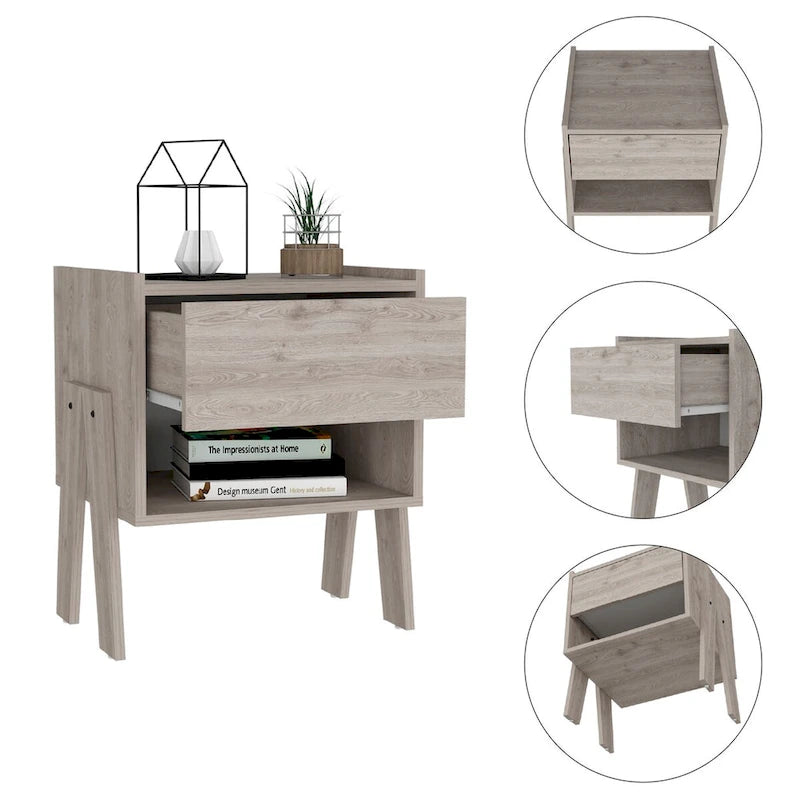 Nightstand Ferku,Open Shelf,One Drawer,Light Gray Finishfor Living Room,and Dining Room-3