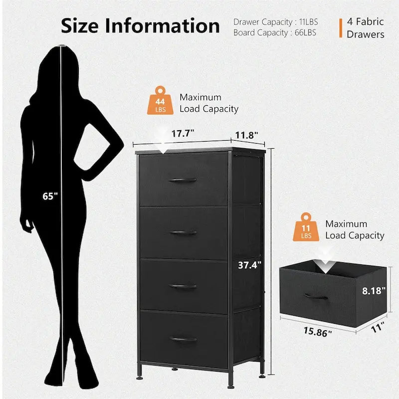 Dresser for Bedroom with 4 Fabric Drawers, Tall Chest Organizer Units for Clothing, Closet, Kidsroom, Storage Tower with Cabinet-3